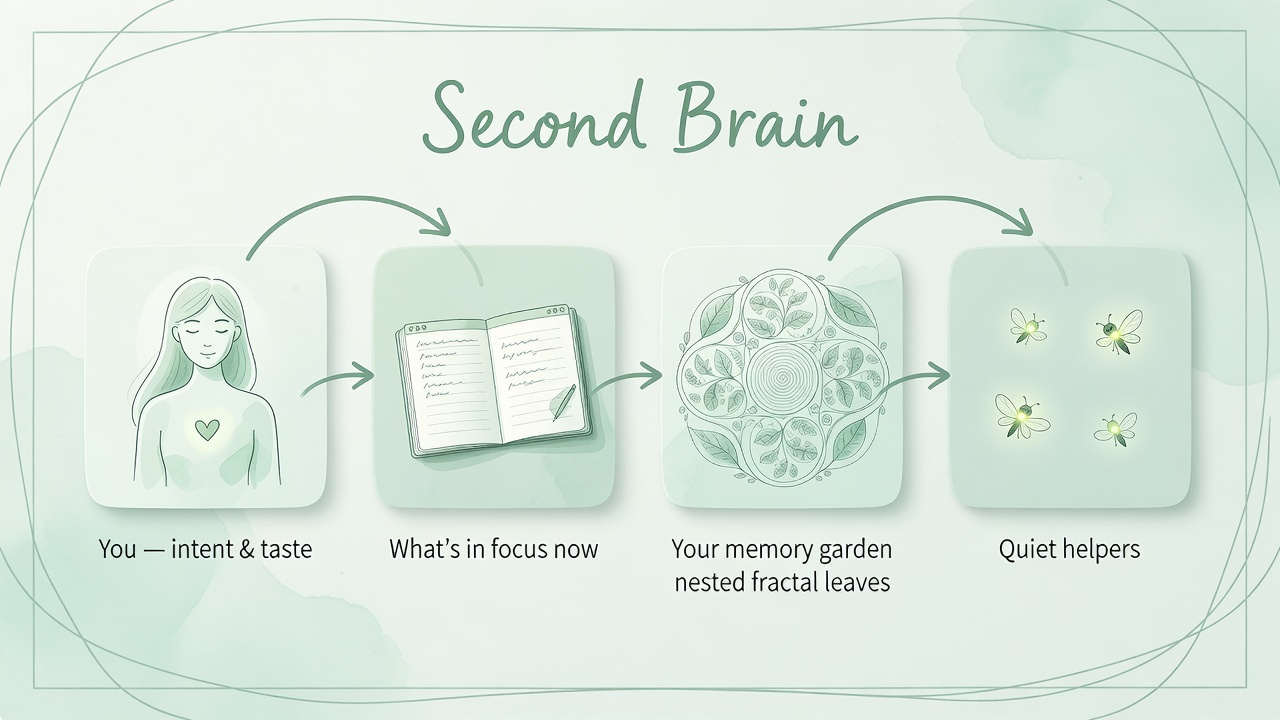 Second Brain loop: you, focus, memory garden, quiet helpers
